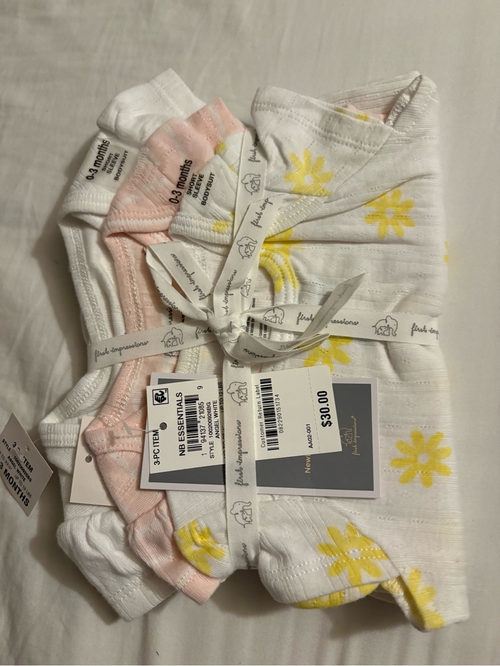 First Impression 3-Pack Baby Girls One-Piece Bodysuits in White, Pink & Yellow